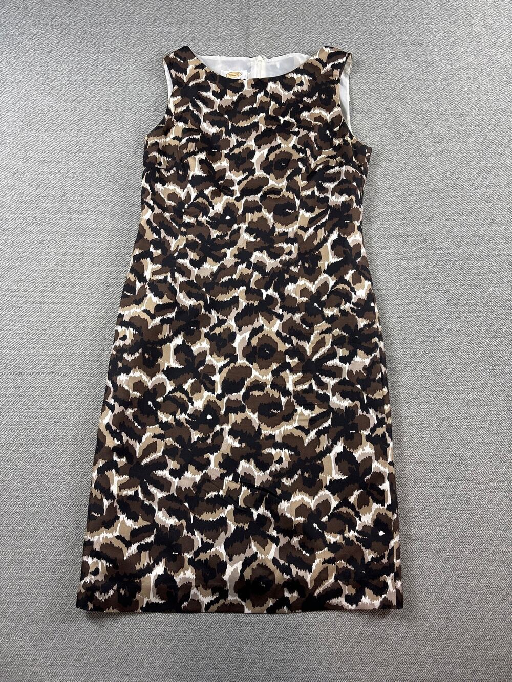 Talbots Petites Pure Silk Dress Sz 8 Black Brown Tan White Zip Up women's